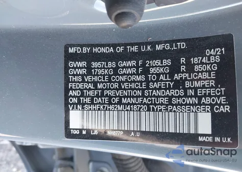 2021 Honda Civic Ex from USA, damaged, VIN SHHFK7H62MU418720